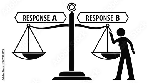 Balance Scale for Deciding Options A vs B with Person Reaching for Lower Choice, llustration of a balancing scale with two pans labeled "RESPONSE A" and "RESPONSE B". A small stick figure is depicted 