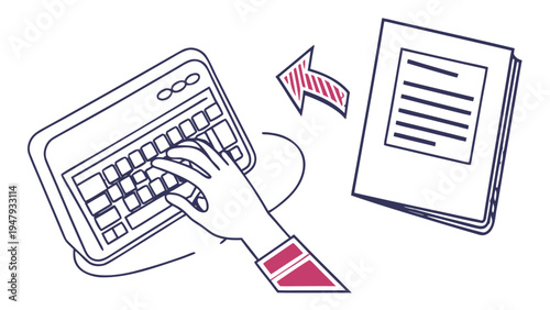 Data Entry Workflow: Typing on Tablet Keyboard and Sending to Document with Arrow, Illustration with red and purple accents, showing a hand typing on a keyboard connected to a tablet, a red arrow