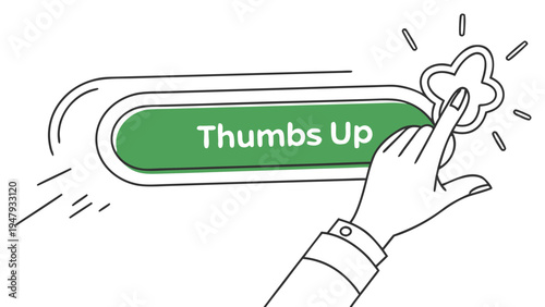 Hand Pressing Thumbs Up Button to Give Approval, Vector cartoon illustration shows a green oval button with the white text "Thumbs Up" and motion streaks to its left. A hand from the right