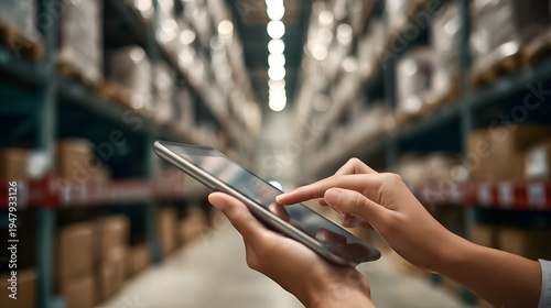 Man uses tablet in storage area for inventory management during day hours in warehouse
