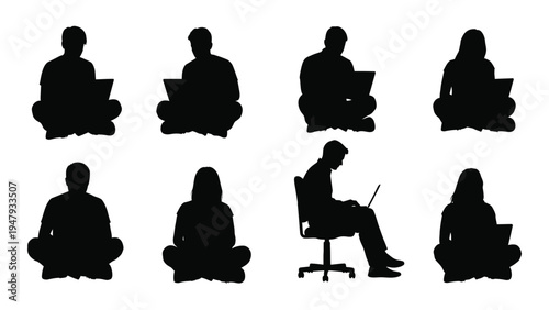 Eight people sitting in different positions with laptops