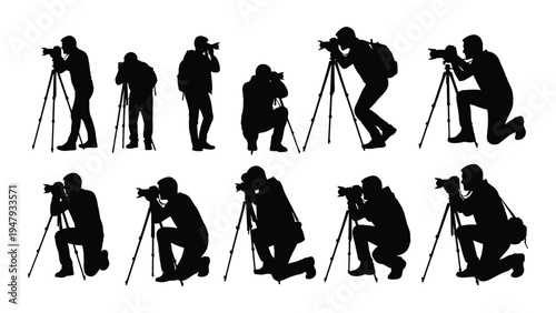 Photographers in various poses with tripods