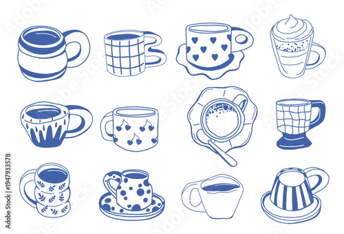 Set of 12 blue doodle cups with hot drinks, patterns, saucers, spoon