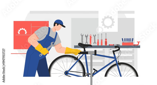 Bicycle Mechanic Working on Bike in Workshop, Tools on Workbench