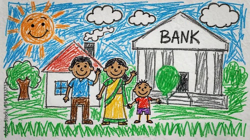 Child's crayon drawing of family bank loan and new home
