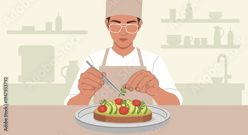 Chef garnishing avocado toast with fresh herbs and cherry tomatoes in a modern kitchen