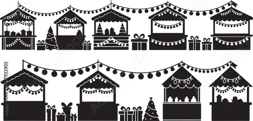 Christmas Market Stalls with Decorations and Lights at Night