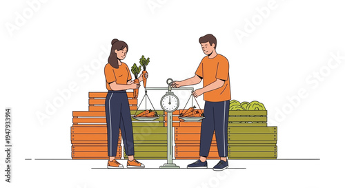 Couple weighing fresh produce at a farmer's market stall with crates of vegetables