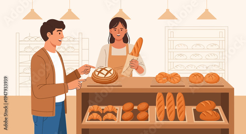 Customer buying fresh bread at a bakery counter with a baker serving