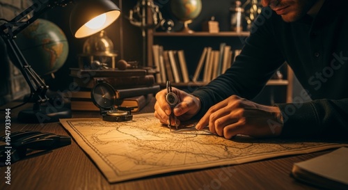 Navigator charting course on old map with compass