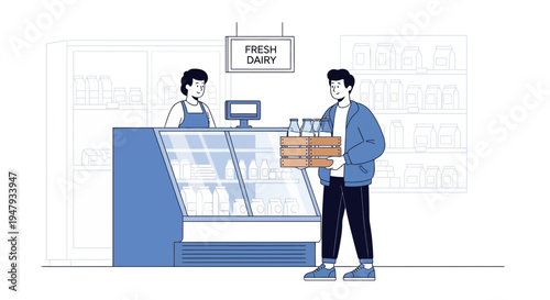 Customer buys fresh dairy products from a store clerk at a refrigerated counter.