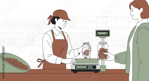 Customer buying bulk food at a zero waste store, weighing nuts