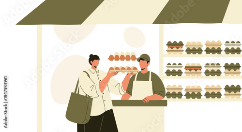 Customer buys fresh eggs at a local market stall with a variety of egg cartons on display.