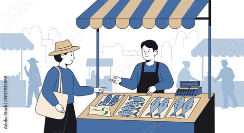 Customer buys fresh fish at a vibrant outdoor market stall with a vendor.