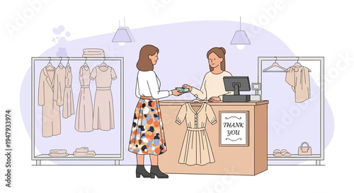 Customer paying for clothes at a boutique checkout counter with a cashier
