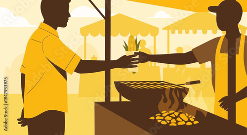 Customer buys grilled corn from street vendor at outdoor market stall