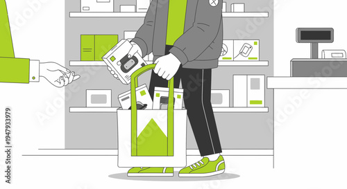 Customer Paying for Groceries at Checkout Counter with Shopping Bag