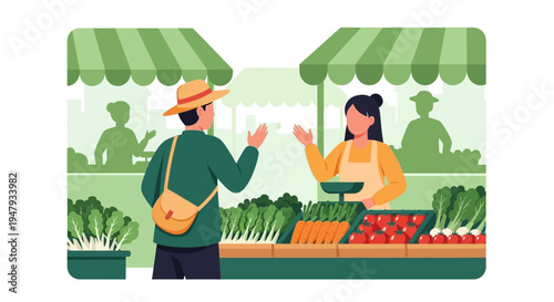 Customer buys fresh vegetables from a vendor at an outdoor market stall.