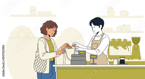 Customer buying coffee and pastry at a cafe counter with barista
