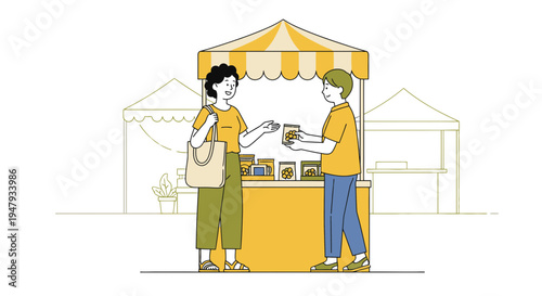 Customer buys goods from a stall at an outdoor market, illustration
