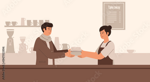 Customer receiving takeaway food order from cafe worker at counter