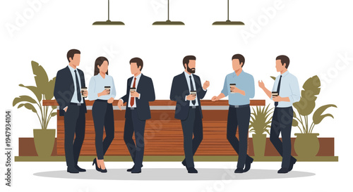 Diverse business team in conversation at a modern office coffee break
