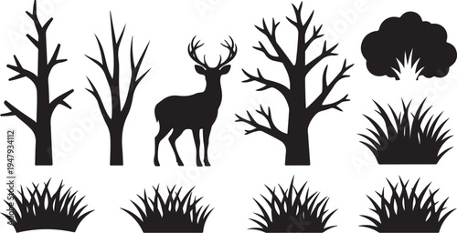 Silhouette of deer and trees in a grassy landscape