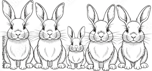 A group of five adorable rabbits standing together