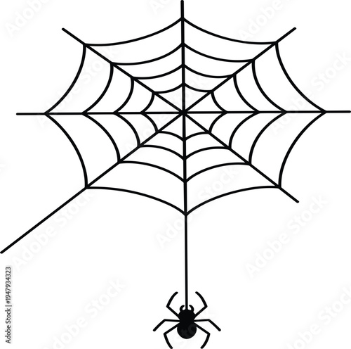 Black Silhouette Spider Web Illustration with Hanging Spider on Single Thread for Seasonal Halloween Decor and Nature Education