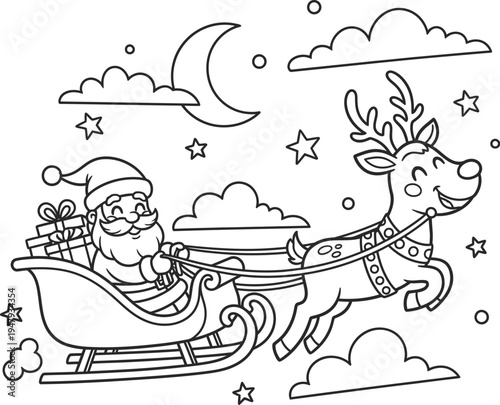 Santa claus riding in sleigh pulled by reindeer under starry night sky
