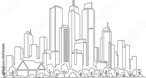 Modern Urban City Skyline Continuous Line Art Illustration Featuring Skyscrapers High Rise Buildings and Park Trees for Real Estate Branding