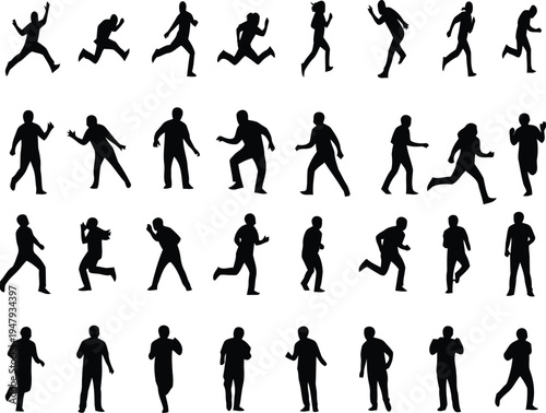 Collection of human running silhouettes in various dynamic poses
