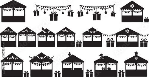 Black and white Christmas market stall icons with decorations