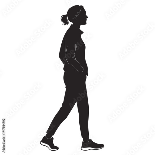 Woman Silhouette Walking with Hands in Pockets, Casual Sportswear, Side Profile