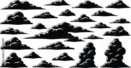Cloud silhouette collection, cad drawing flat vector illustration, sky weather elements, cartoon smoke puff, nature storm clouds, black fluffy outlines.