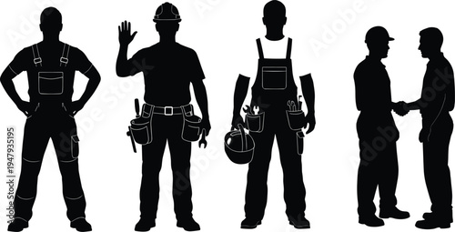Construction worker and contractor silhouette set, cad drawing flat vector illustration, builder with tools, handyman shaking hands, industrial engineering professionals.