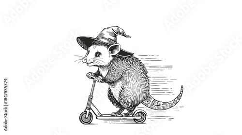 Rat Witch in a Pointy Hat Riding a Kick Scooter for Halloween Fun Spooky Illustration