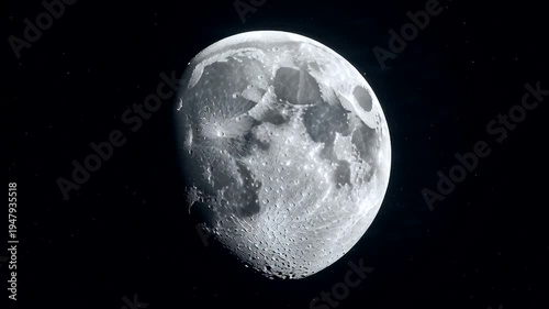 Detailed photo of the moon's cratered surface, showing sharp light and shadows against the vast, star-filled universe, inspiring profound cosmic discovery