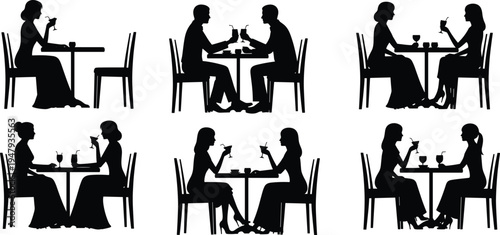 People dining at restaurant table silhouette set, cad drawing flat vector illustration, couple on date, friends drinking, café life, dinner.