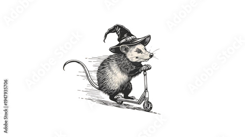 Opossum Wearing Witch Hat Speeding on a Scooter Halloween Concept
