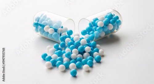 Macro of opened transparent medical capsule spilling blue and white microbead pellets, pharmacy and healthcare supplement concept.
