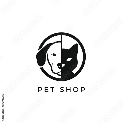 Circular pet shop logo design showing split dog and cat face profiles in black and white