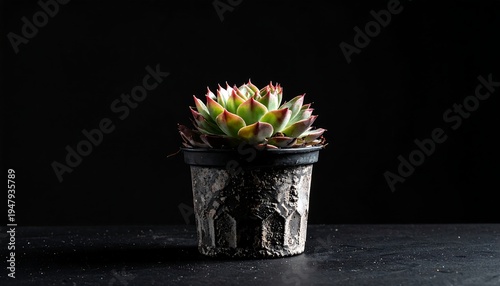Close-up of a succulent in a textured black pot set against a plain black backdrop under studio-like lighting