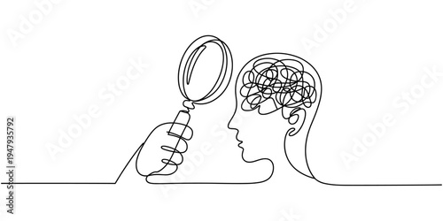 Continuous one line drawing of magnifying glass and confused feelings and thoughts in head. Psychology concept. Looking for mental health problem. Vector illustration mental pressure treatment.