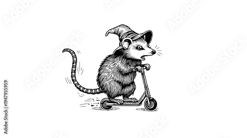 Rat Wizard Riding Scooter with Whimsical Speed and Magic Adventure Illustration