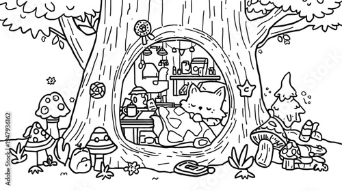 Whimsical Forest Tree Den Home of a Cozy Fox Creature in a Magical Nature Scene Outline