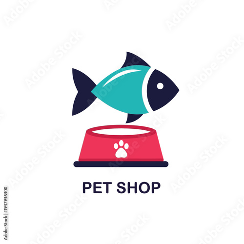Pet shop logo vector with fish and food bowl for animal care business or pet supplies