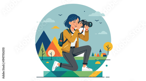 Woman kneels, capturing nature with a camera. Female Photographer Illustration for Modern Web Landing Page Flat Vector Design