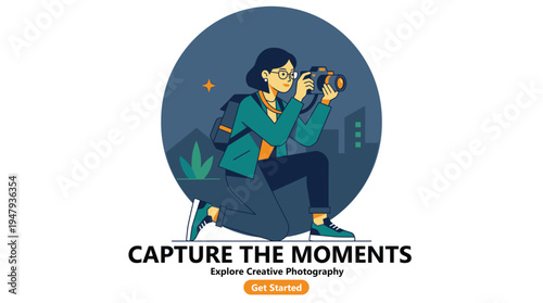 Woman kneels, capturing nature with a camera. Female Photographer Illustration for Modern Web Landing Page Flat Vector Design