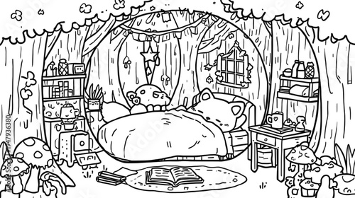Cozy Magical Bedroom Where a Cute Animal Is Sleeping Surrounded by Whimsical Nature Elements